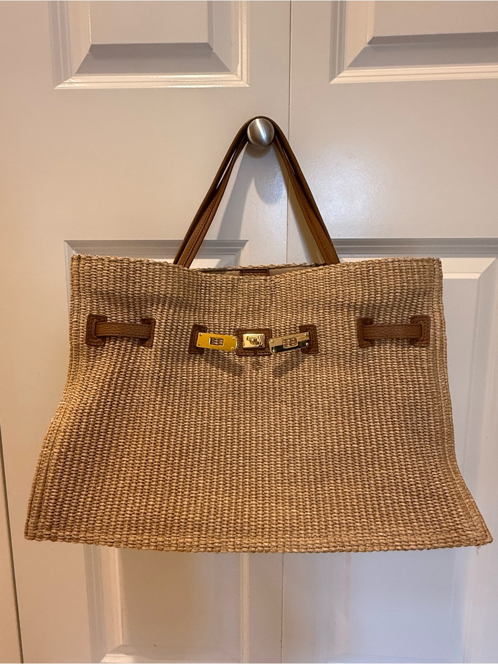 Voila D’oro Cream Woven Tote with Tan Leather Handles